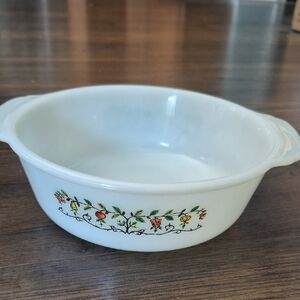 Fire King Anchor Hocking milk glass fruit tree pattern casserole dish, 1 1/2 qt,